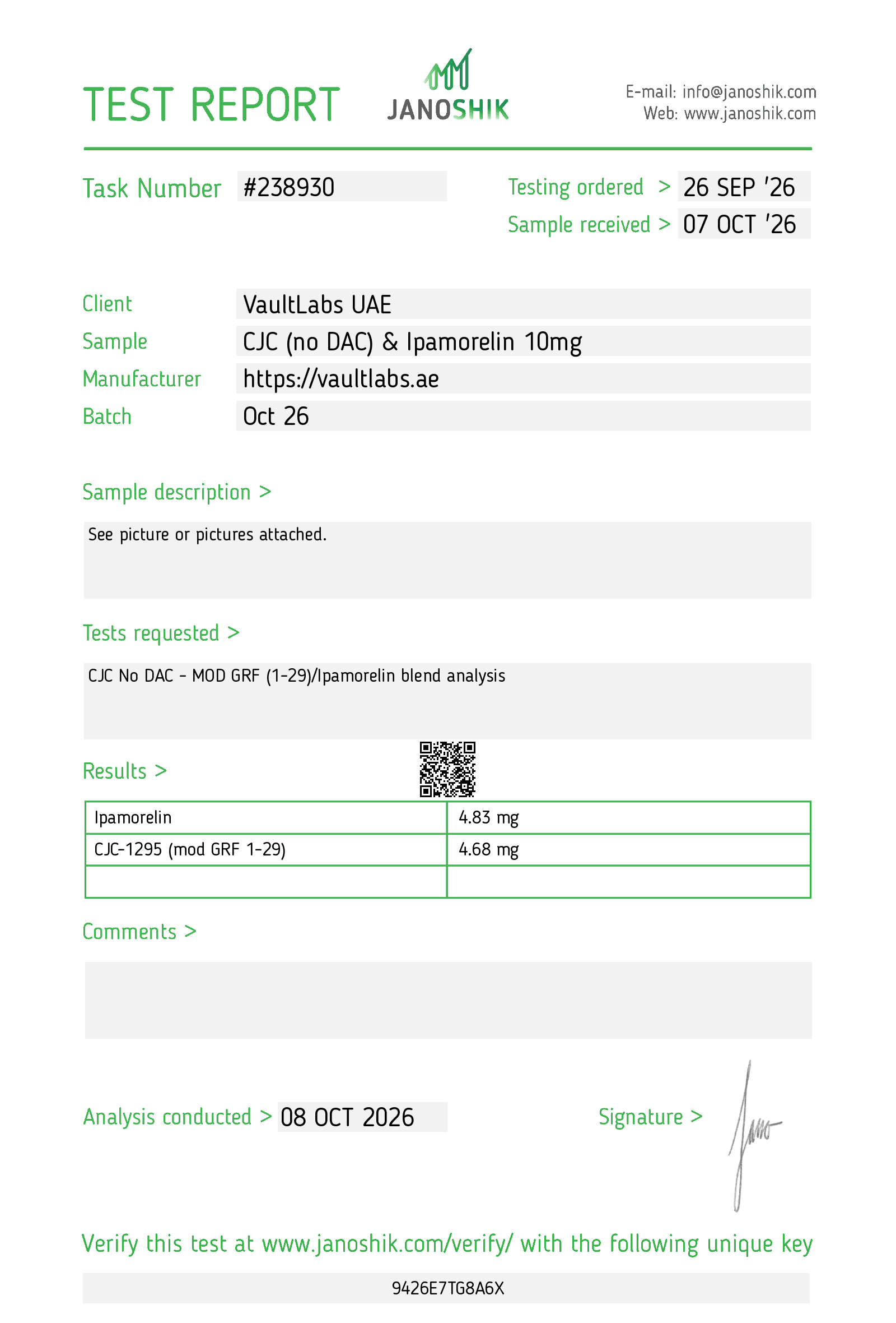 Janoshik Analytical test report 238930 for CJC-1295 (no DAC) 5mg + Ipamorelin 5mg
